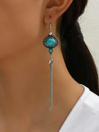 1 par de moda vintage con fleco Pendientes con con turquesa rosario , largo estilo , estilo occidental , desgastado , gama alta de mujeres Accesorio