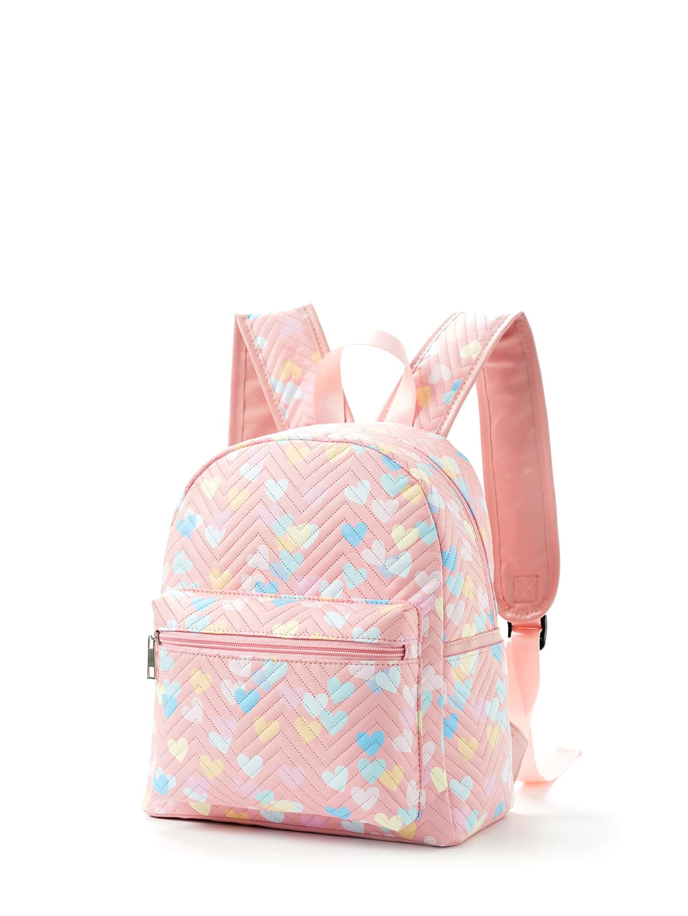 女孩大容量粉色愛心圖案衍縫設計經典背包 - 粉色 - 查看 1