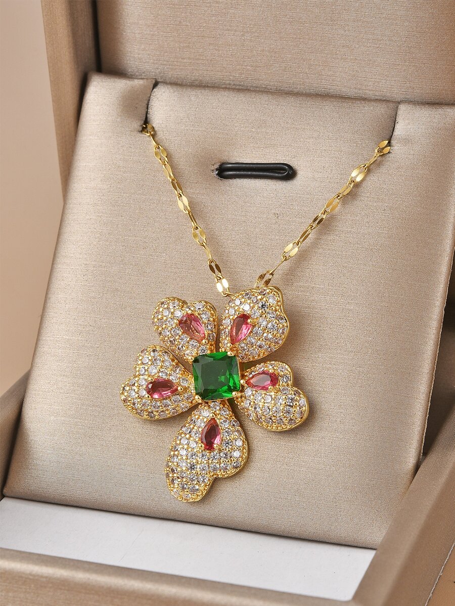 1 件全水钻装饰不锈钢花朵吊坠项链女士情人节礼物 - 金黃色 - 查看 1