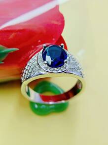 1 件商务宴会蓝色锆石华丽霸气戒指，适合男士约会聚会婚礼订婚珠宝配饰装饰情人节礼物 - 藍色 - 查看 2