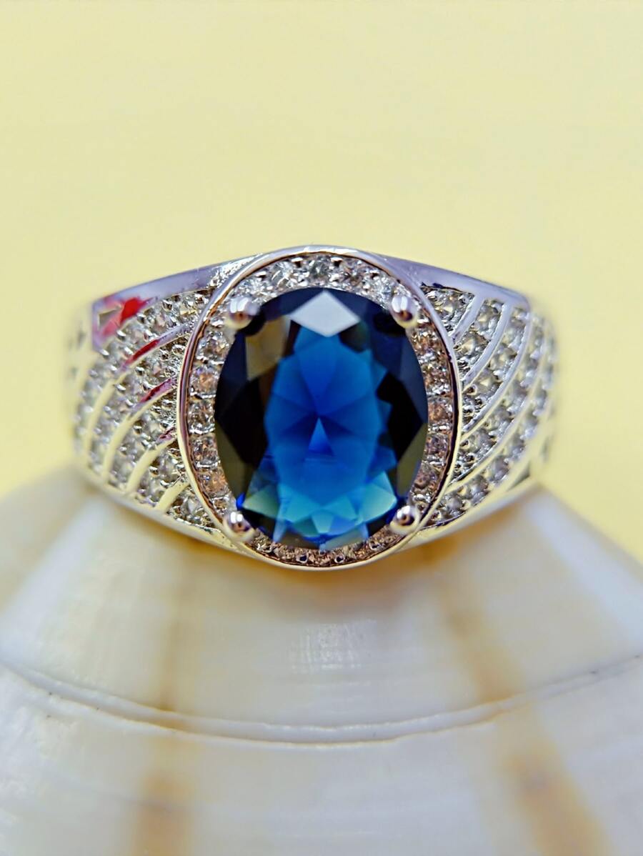 1 件商务宴会蓝色锆石华丽霸气戒指，适合男士约会聚会婚礼订婚珠宝配饰装饰情人节礼物 - 藍色 - 查看 1