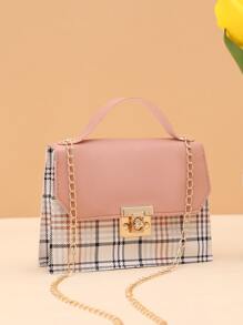 Chain Colorblock Lock Buckle Crossbody Handbag - Multicolor - View 3