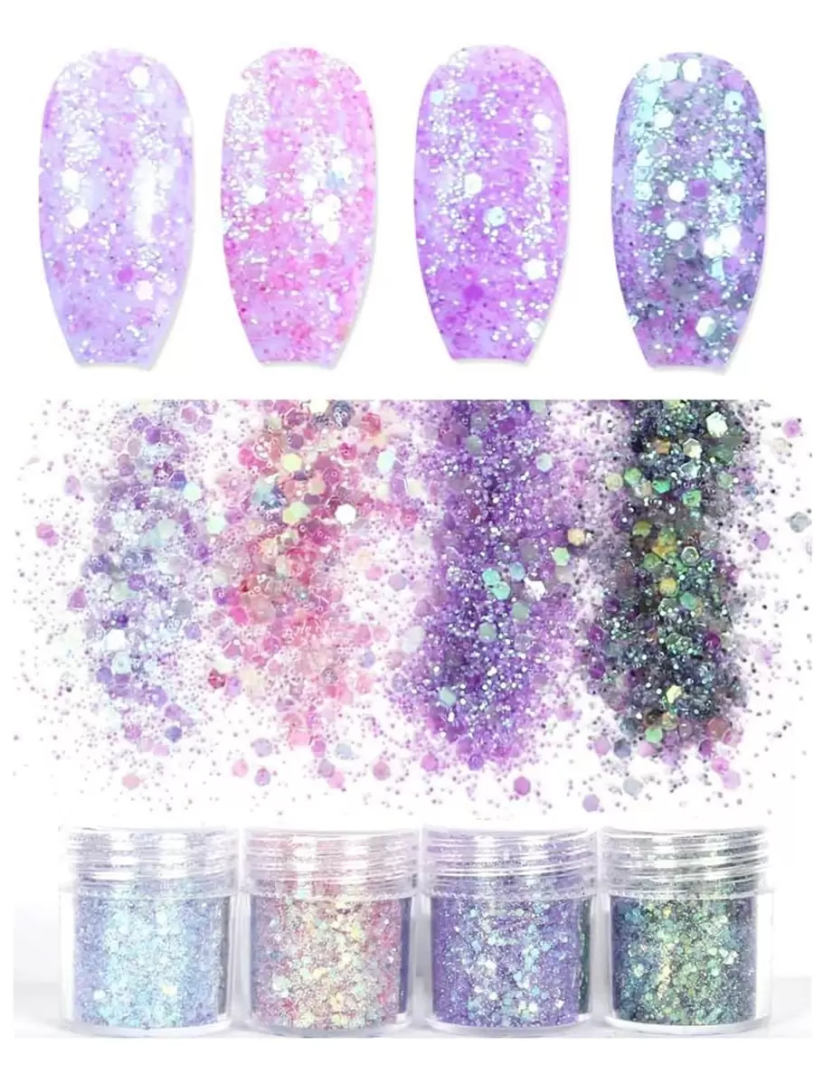 4瓶Y2K紫色粗闪粉美甲亮片，粗闪粉脸部亮片，全息发胶工艺品DIY美甲饰品美甲宝石美甲用品美甲 - 米色 - 查看 1
