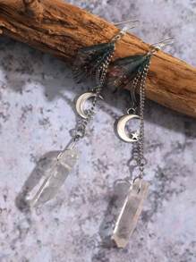 月亮仙子水晶耳环，蝴蝶翅膀耳环，长链不对称水晶耳环 - 銀色 - 查看 4