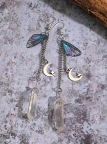 月亮仙子水晶耳环，蝴蝶翅膀耳环，长链不对称水晶耳环 - 銀色 - 查看 3