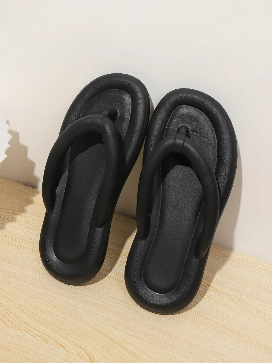 簡約休閒夏季黑色Eva中性露趾平底人字拖，適合情侶 - 黑色 - 查看 1