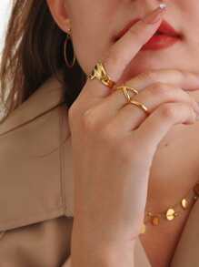 3pcs Minimalist Versatile Open-Ended Criss-Cross Asymmetrical Ring Set - Gold - View 3