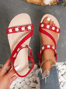 女士花朵裝飾編織細節踝帶度假紅色平底涼鞋 - 紅色 - 查看 2