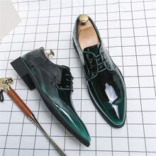 Men Breathable Lace Up Design Point Toe Dress Shoes, Business Green Derby Shoes For Workplace - Green - View 1