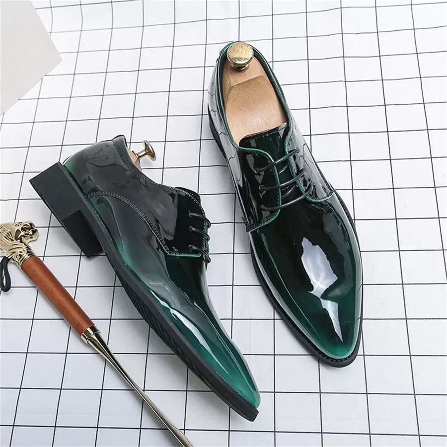 Men Breathable Lace Up Design Point Toe Dress Shoes, Business Green Derby Shoes For Workplace - Green - View 1