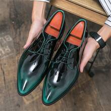 Men Breathable Lace Up Design Point Toe Dress Shoes, Business Green Derby Shoes For Workplace - Green - View 2