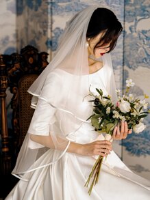 1pc Bridal Double-Layered Satin Edging White Veil With Red Mesh, Party Wedding Hair Comb Fall Clothes For Women - White - View 1