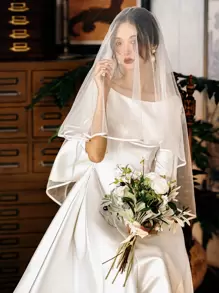 1pc Bridal Double-Layered Satin Edging White Veil With Red Mesh, Party Wedding Hair Comb Fall Clothes For Women - White - View 3