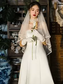 1pc Bridal Double-Layered Satin Edging White Veil With Red Mesh, Party Wedding Hair Comb Fall Clothes For Women - White - View 4