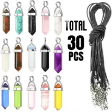 30 piezas multicolor con piedra cristal cicatrización de punta colgantes con negro Collar con cadena con Bolsa de almacenaje hexagonal piedras preciosas cuarzo bala en forma de DIY accesorio rosario para Collar Fabricación de joyas ( 15 piezas colgantes + 15 piezas Collar con cadena + Bolsa de almacenaje )