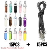 30 piezas multicolor con piedra cristal cicatrización de punta colgantes con negro Collar con cadena con Bolsa de almacenaje hexagonal piedras preciosas cuarzo bala en forma de DIY accesorio rosario para Collar Fabricación de joyas ( 15 piezas colgantes + 15 piezas Collar con cadena + Bolsa de almacenaje )