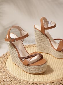 女式羅馬風格厚坡跟涼鞋，增高拖鞋 - 棕色 - 查看 5