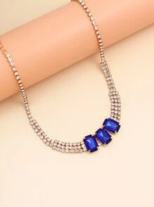 1pc Simple & Fashionable Women's Necklace, Claw Chain Rhinestone Square Pendant - Royal Blue - View 2