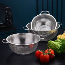 Round Stainless Steel Dual Handle Portable Kitchen Vegetable Washing Basket - Silver - View 5