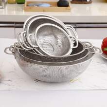 Round Stainless Steel Dual Handle Portable Kitchen Vegetable Washing Basket - Silver - View 3