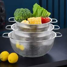 Round Stainless Steel Dual Handle Portable Kitchen Vegetable Washing Basket - Silver - View 9