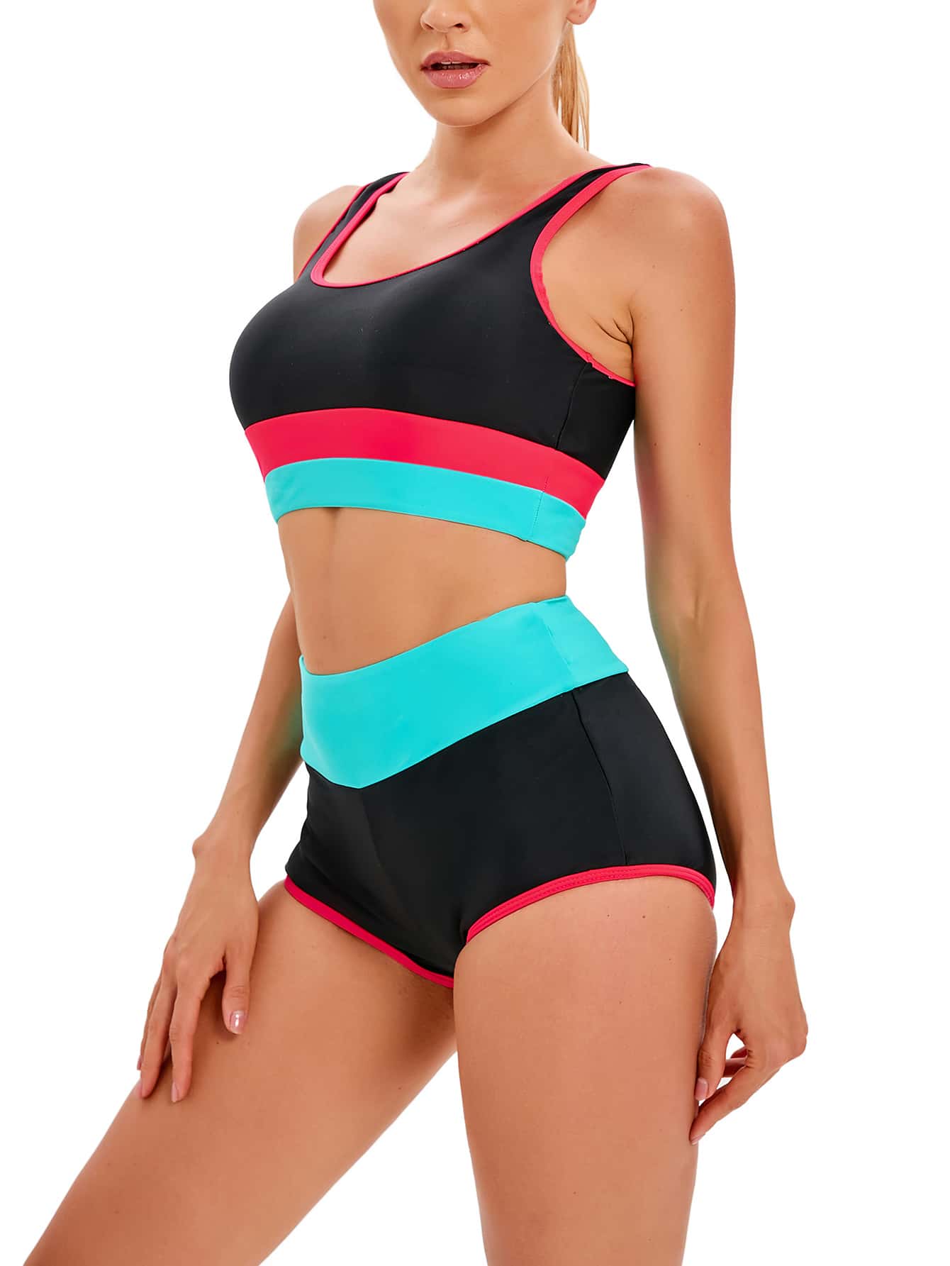 Colorblock Contrast Binding Sports Athletic Bikini Set Summer Beach