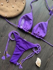 2024 New Women Swimwear Ribbed Fabric Hand-Woven Rope Bikini Summer - Purple - View 2