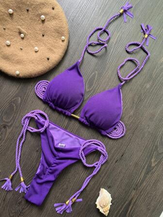 ชุดว่ายน้ำผู้หญิงใหม่ปี 2024 บิกินีผ้าลาย เชือกถัก ฤดูร้อน