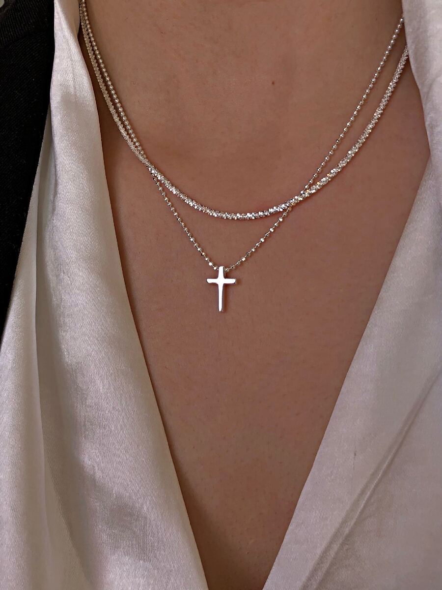 2入組/套閃閃發光十字吊墜項鍊 - 銀色 - 查看 1