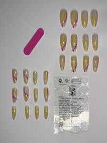 Instantly Upgrade Your Look With 24pcs Long Pointed Three Different Line Colors Full Cover False Nail For Women And Girls Press On Nails Nail Supplies