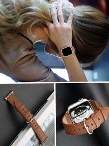 1pc Apple Watch Band Brown Leather  Apple Watchband For Men And Women,Solid Color Soft And Comfortable, Compatible With Apple Watch Strap Of Size 49mm 45mm 44mm 42mm 38mm 40mm 41mm, Leather Replacement Band Compatible With Apple Watch Ultra2 Ultra Se2 Se Series 9 8 7 6 5 4 3 2 1 The Basic Model Is Affordable - Brown - View 1