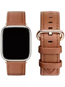 1pc Apple Watch Band Brown Leather  Apple Watchband For Men And Women,Solid Color Soft And Comfortable, Compatible With Apple Watch Strap Of Size 49mm 45mm 44mm 42mm 38mm 40mm 41mm, Leather Replacement Band Compatible With Apple Watch Ultra2 Ultra Se2 Se Series 9 8 7 6 5 4 3 2 1 The Basic Model Is Affordable - Brown - View 2