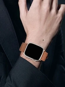 1pc Apple Watch Band Brown Leather  Apple Watchband For Men And Women,Solid Color Soft And Comfortable, Compatible With Apple Watch Strap Of Size 49mm 45mm 44mm 42mm 38mm 40mm 41mm, Leather Replacement Band Compatible With Apple Watch Ultra2 Ultra Se2 Se Series 9 8 7 6 5 4 3 2 1 The Basic Model Is Affordable - Brown - View 5