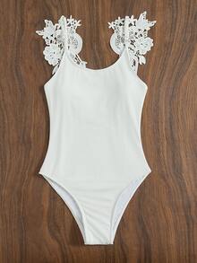 Phụ nữ một mảnh Lộ Lưng Tương phản ren màu trơn - trắng - Xem 2