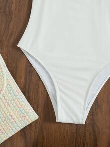 Phụ nữ một mảnh Lộ Lưng Tương phản ren màu trơn - trắng - Xem 4