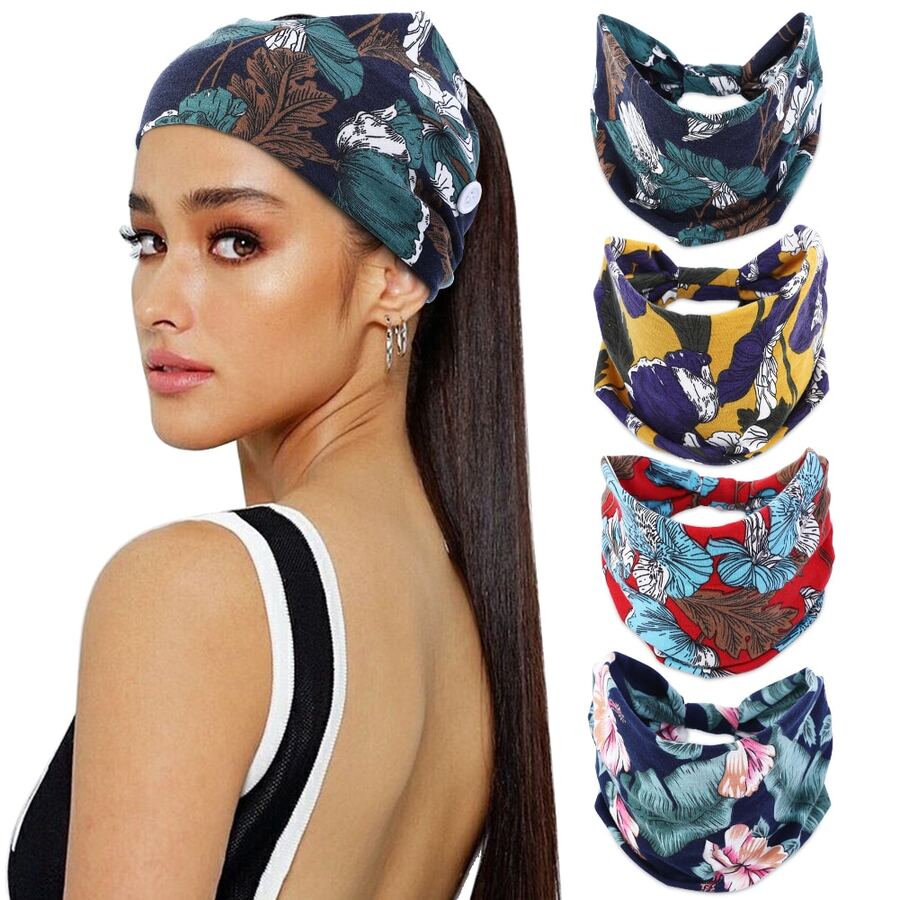 4pcs Boho Headbands with Button Wide Nurse Mask Hair Band Elastic No Slip Fashion Sports Headwear Yoga Ear Saver Workout Headwrap Hair Styling Accessories for Women Girls for Sports Traveling Party Set 1 - Nhiều màu - Xem 1
