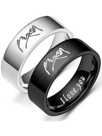 2 Pcs Stainless Steel Black Silver Hand Pull Hand Hit Inside Mark Love Simple Fashion Couple Ring Suitable For Couples Dating Gifts