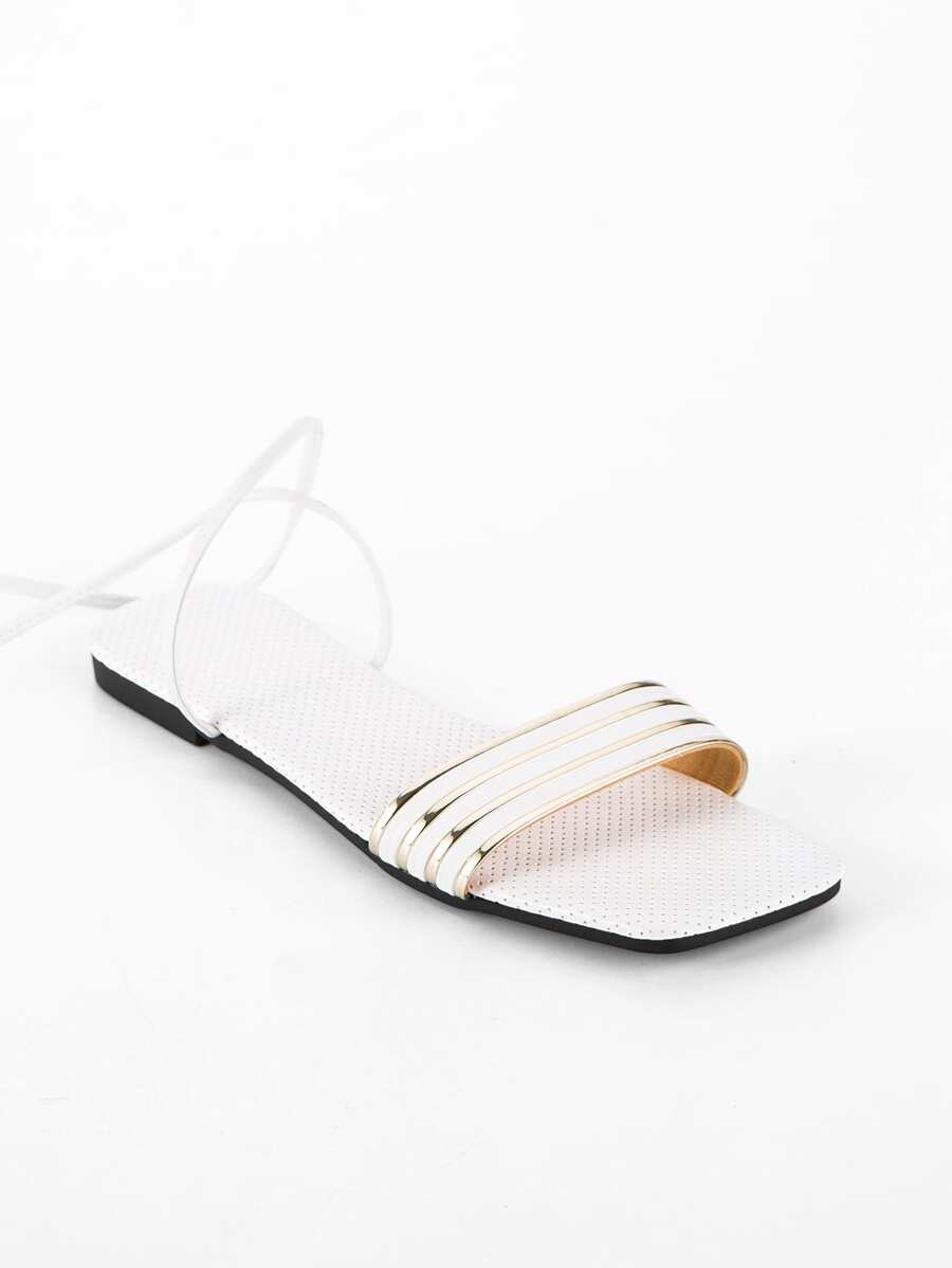 Women's Flat Sandals With Metallic Details And Buckle Straps - White - View 1