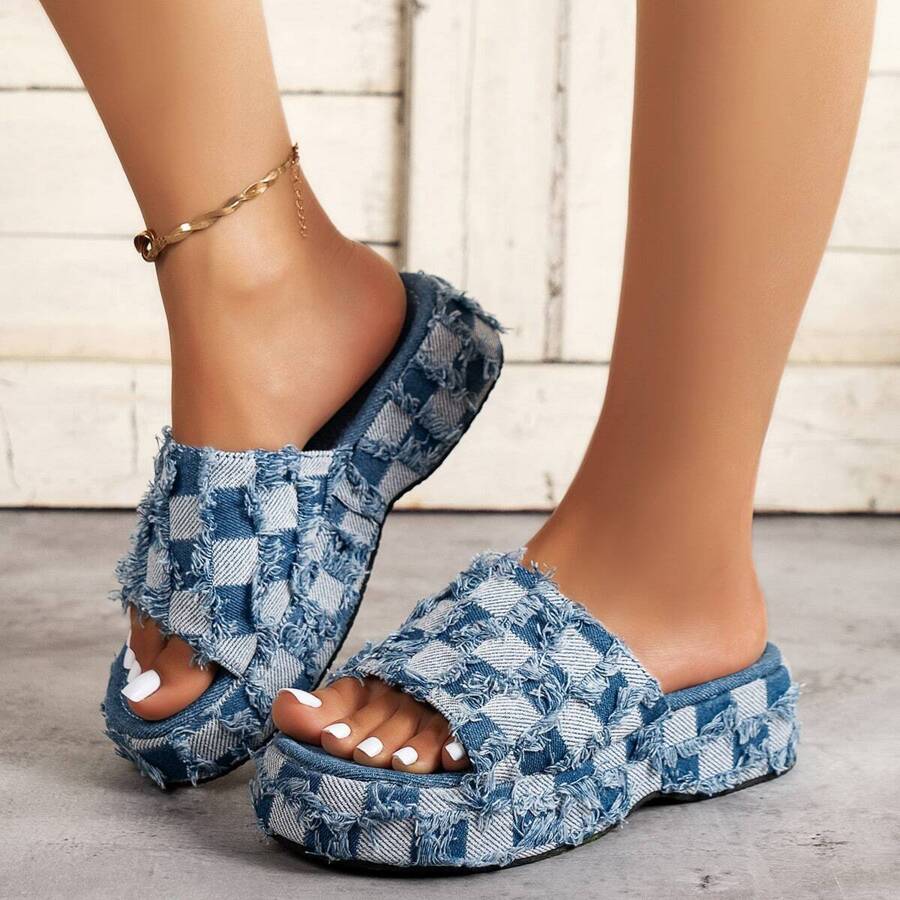 Women Sandals Platform Lightweight Non Slip Summer Casual Open Toe Slides Fashion Dressy - Màu xanh lam - Xem 1