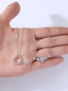 Hihho 3件套 时尚优雅花卉圆形吊坠设计 个性化创意女士项链套装，镶嵌锆石