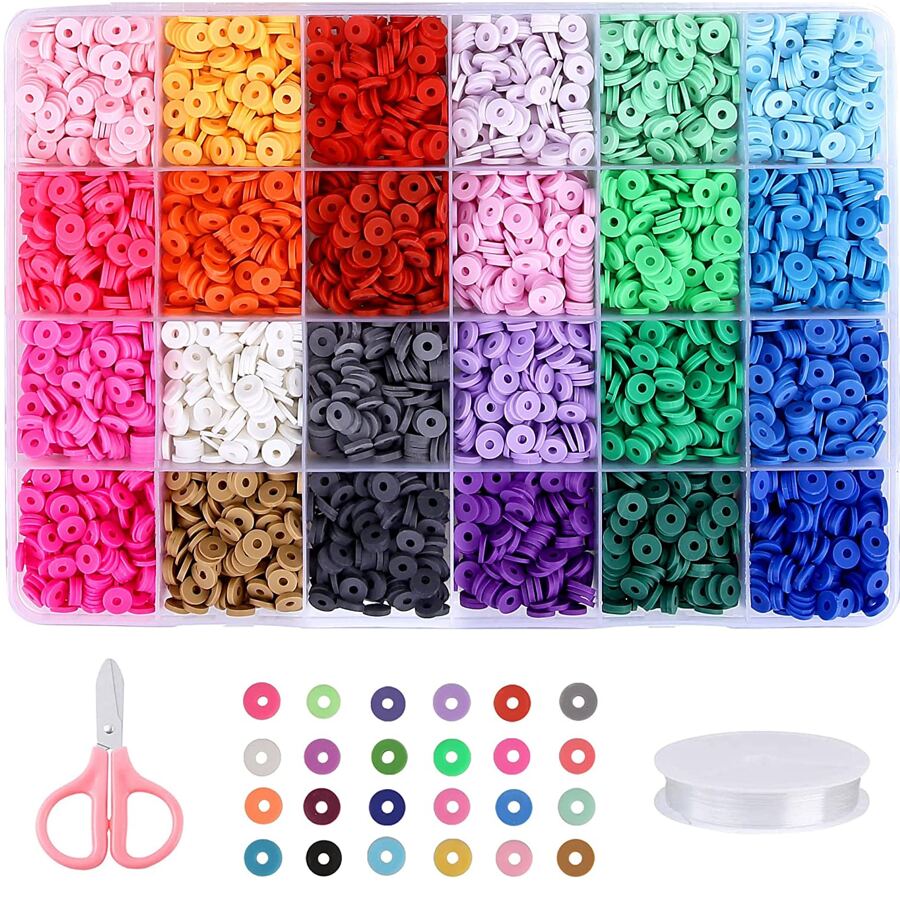 1盒24顏色6mm柔軟陶瓷釘珠帶剪刀和水晶線DIY珠寶製作用品適用於耳環,項鍊,手環 - 彩色 - 查看 1