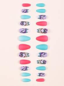 用24入組長杏仁蝴蝶印花全覆蓋假指甲套裝升級您造型 - 彩色 - 查看 3