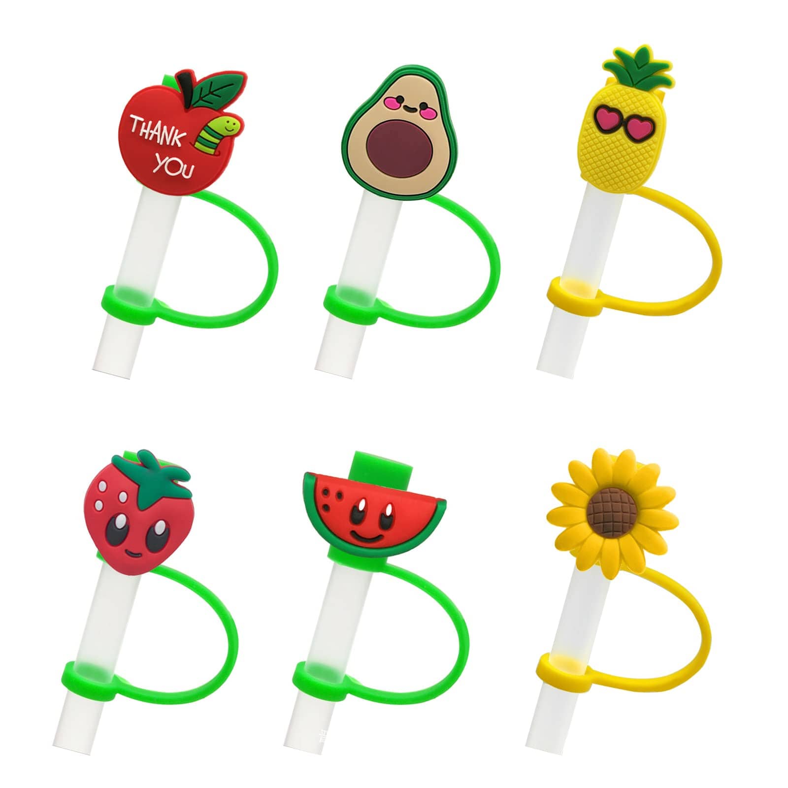 6 件装硅胶吸管盖，可重复使用硅胶吸管盖，防溅吸管头，饮用吸管头盖适用于 7-8 毫米可爱吸管塞（混合款式）学校用品，圣诞礼物 - 彩色 - 查看 1