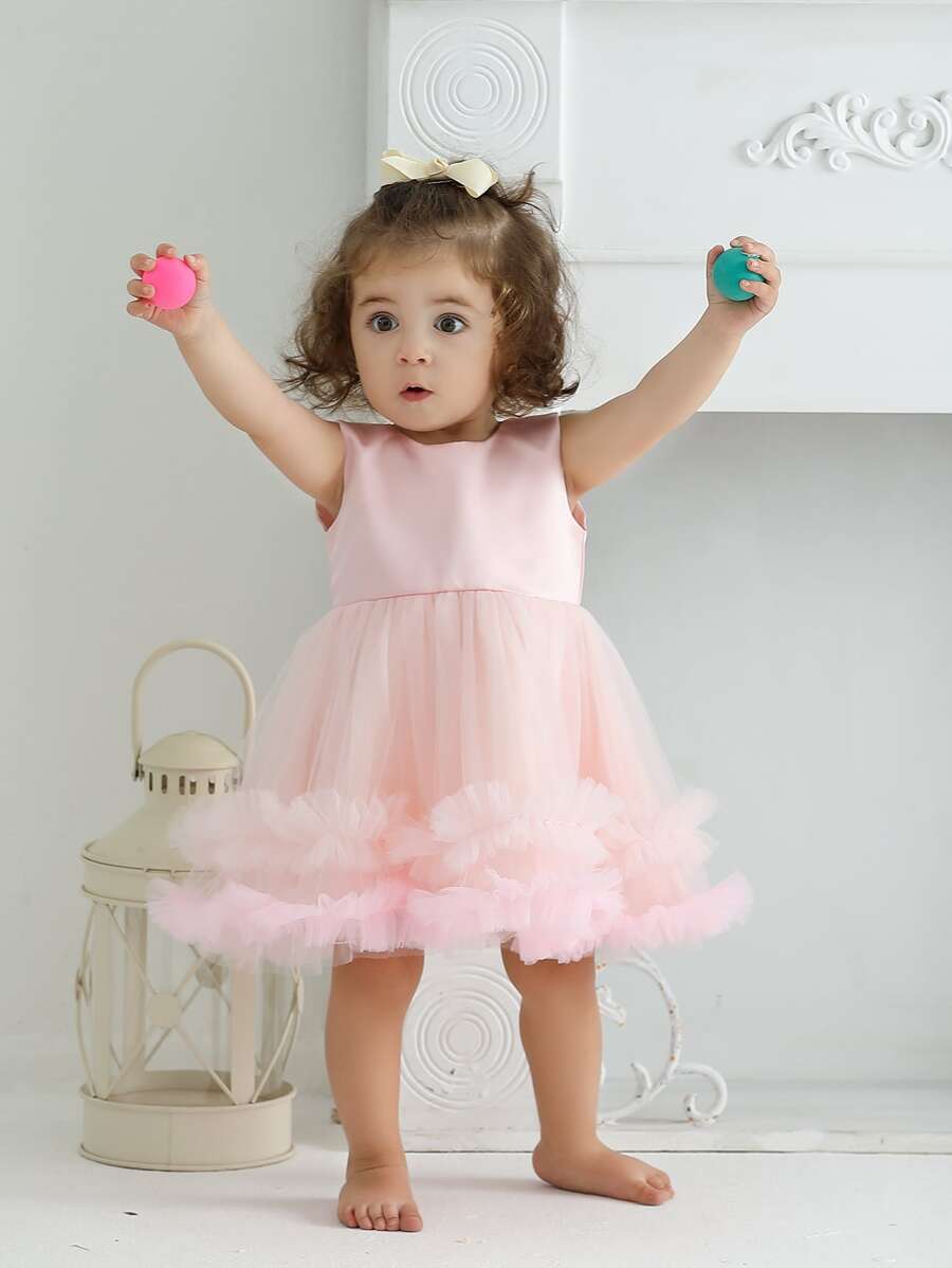 Baby Girl Frill Trim Layered Mesh Hem Party Dress - Pink - View 1