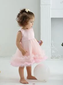 Baby Girl Frill Trim Layered Mesh Hem Party Dress - Pink - View 4
