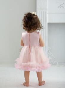 Baby Girl Frill Trim Layered Mesh Hem Party Dress - Pink - View 5