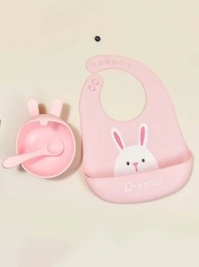 3件套婴儿兔子印花硅胶喂食套装，适合日常生活 - 粉色 - 查看 1