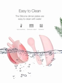 3件套婴儿兔子印花硅胶喂食套装，适合日常生活 - 粉色 - 查看 4