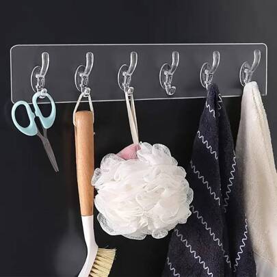 1pc 1/3/5/6 Row Hooks, Acrylic Seamless Free-Punching Transparent Wall Hooks, Coat Hook, Crystal Bold Sundry Sticky Hook, Home Kitchen Supplies Kitchen Items Kitchen Accessories Kitchen Tools