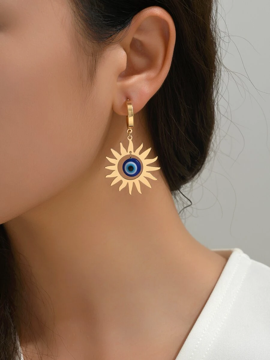 1對哥特式朋克風格金屬質感向日葵和邪惡之眼設計吊墜耳環適合女士,派對首飾類禮品 - 彩色 - 查看 1